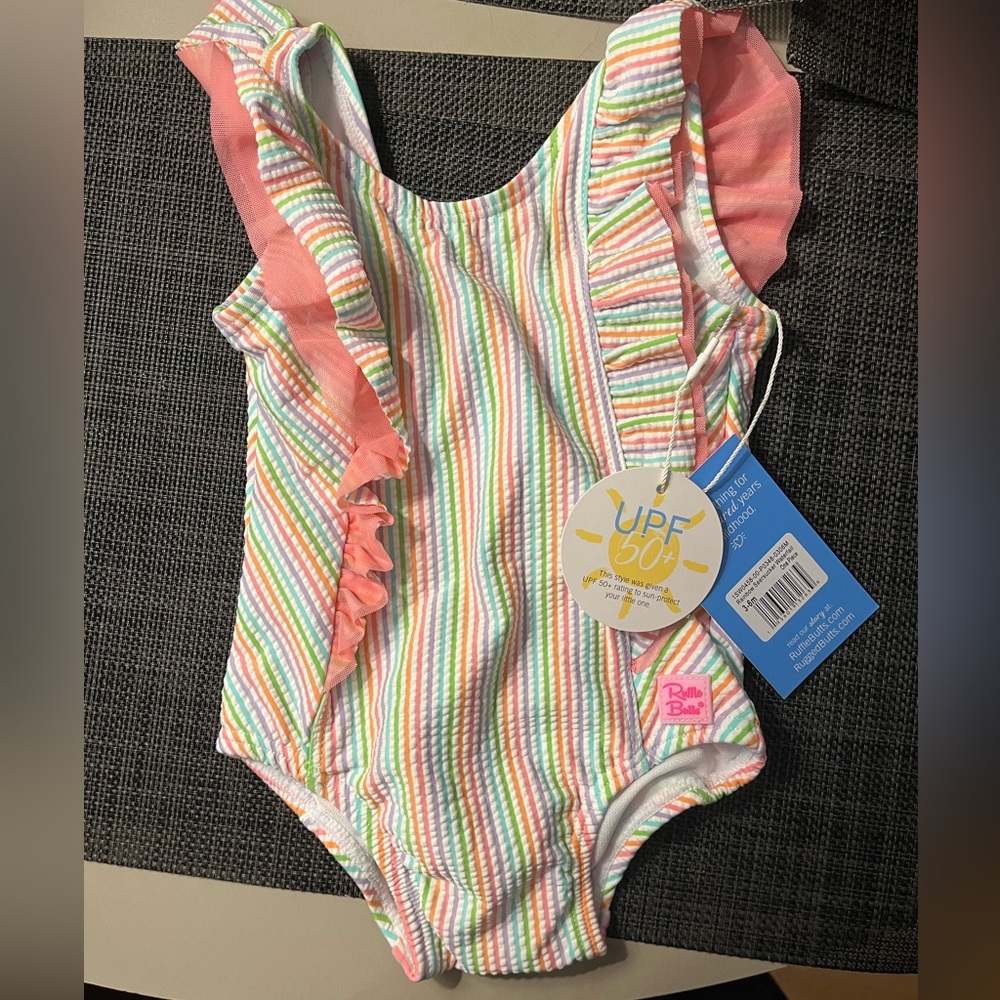 NWT - rufflebutts - Seersucker Waterfall One Piece - rainbow-  size 3-6months